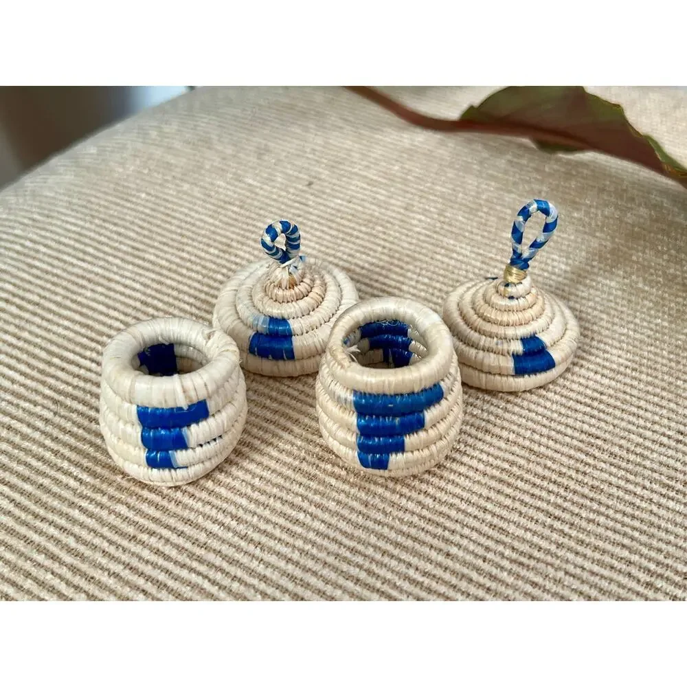 African Woven Baskets Pair Boho Hanging Jewelry Ring Box Tan Blue Rattan